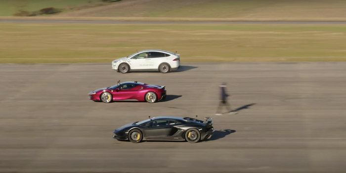 Tesla Model X Plaid, Ferrari SF90 Stradale, and Lamborghini Aventador SVJ racing