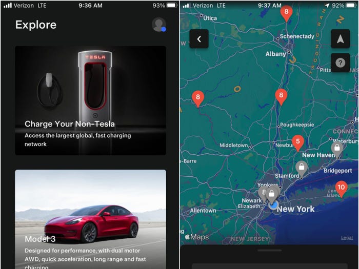 Screenshots from the Tesla app showing the process for charging a non-Tesla vehicle.