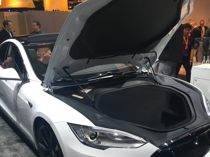 White Tesla Model S P90D Ludicrous Mode CES with front hood open